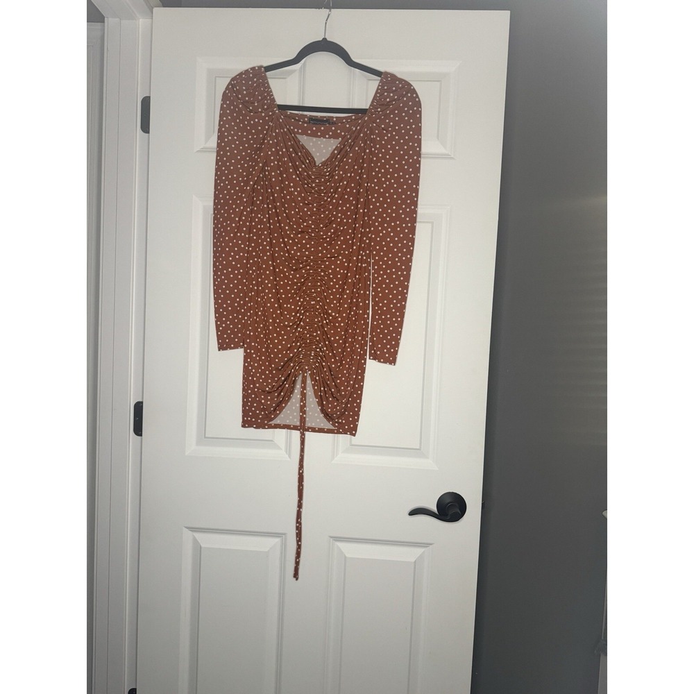 Pretty Little Things Long Sleeve Terracota Polka Dot Ruched Bodycon Dress 8